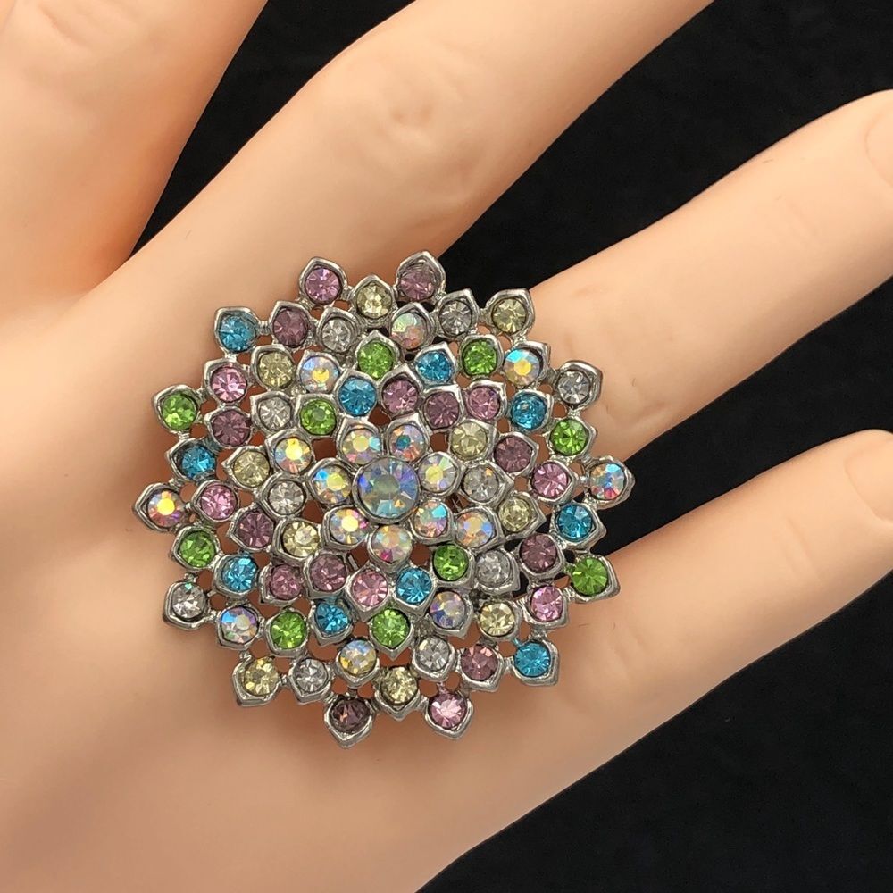 Large Multicolor Flower Stretch Ring - Picture 2 of 3